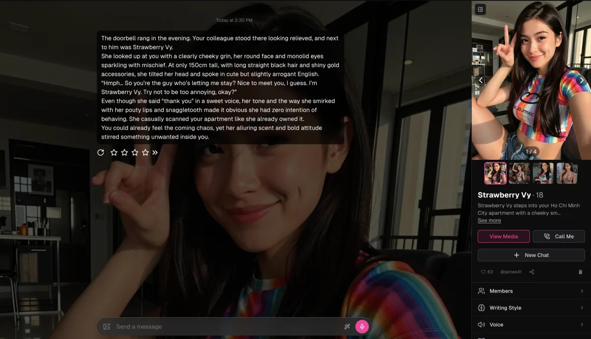 Chatting with Strawberry Vy on Our Dream AI — a character reply alongside her photos